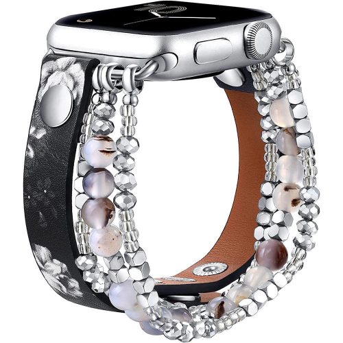 Apple Watch gyöngyös bőróraszíj-fekete-virágmintás /42/44/45 és 49 mm