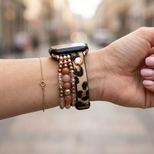 Apple Watch gyöngyös bőróraszíj-leopárdmintás /44/45/46 és 49 mm