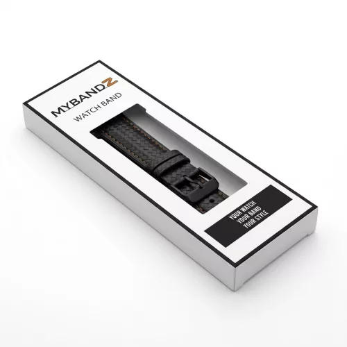 MYBANDZ Karbonszálas bőróraszíj / fekete - narancs varrás / 22mm
