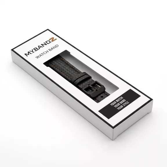 MYBANDZ Karbonszálas bőróraszíj / fekete / narancs varrás / 20mm