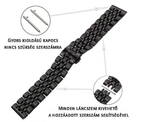 MYBANDZ Pearlmaster láncszemes fém óraszíj / fekete / 22mm