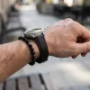 MYBANDZ Karbonszálas bőróraszíj / fekete - piros varrás / 22mm
