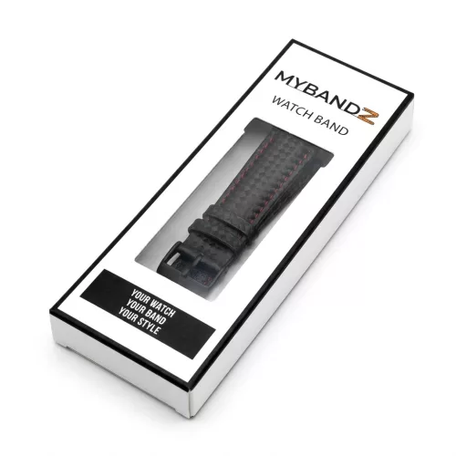 MYBANDZ Karbonszálas bőróraszíj / fekete - piros varrás / 22mm