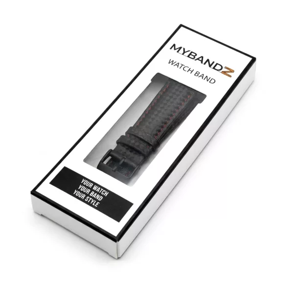 MYBANDZ Karbonszálas bőróraszíj / fekete - piros varrás / 20mm