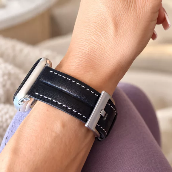Apple Watch Verona bőróraszíj ezüst csattal /fekete/ 44/45/46/49 mm
