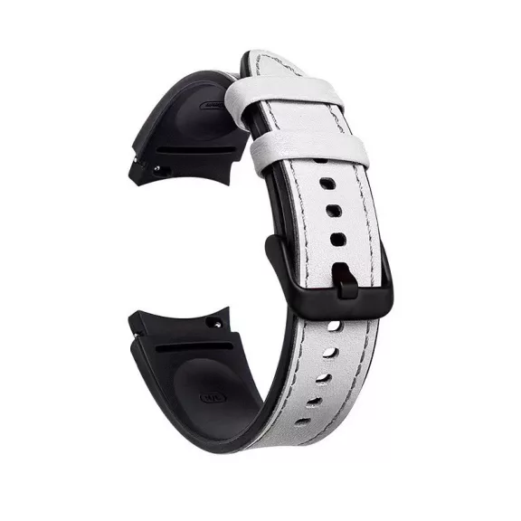 MYBANDZ Ívelt belül szilikon kívül bőr óraszíj Samsung Galaxy Watch 4-5-6-7- /fehér/ 20mm