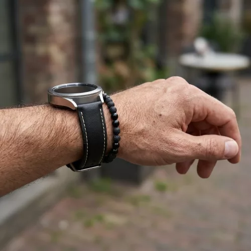 MYBANDZ Elegáns bőróraszíj - fekete - ezüst csattal/ 22mm