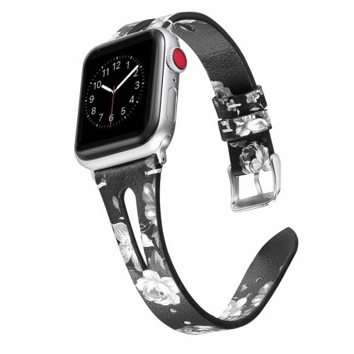 Apple Watch lélegző bőróraszíj /fekete-virágmintás/ - 38/40/41mm