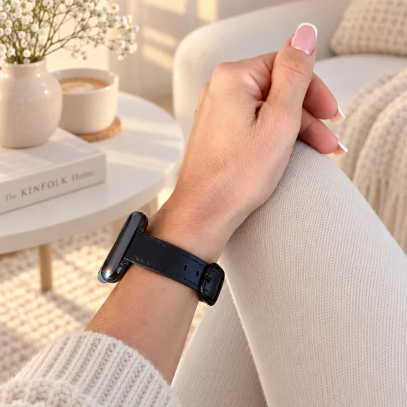 Apple Watch körcsatos bőróraszíj fém csattal /fekete-fekete csattal/ 44/45/46/49 mm