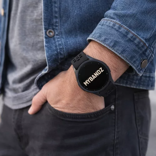 MYBANDZ Lélegző mágneszáras szilikon óraszíj Galaxy Watch 4-5-6-7 /fekete(ezüst csat)