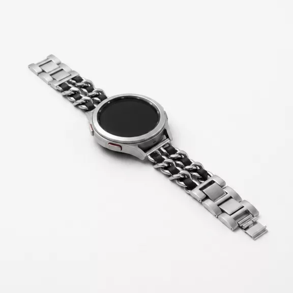 Mybandz  fém és bőr karkötő óraszíj /ezüst-fekete/ 20 mm
