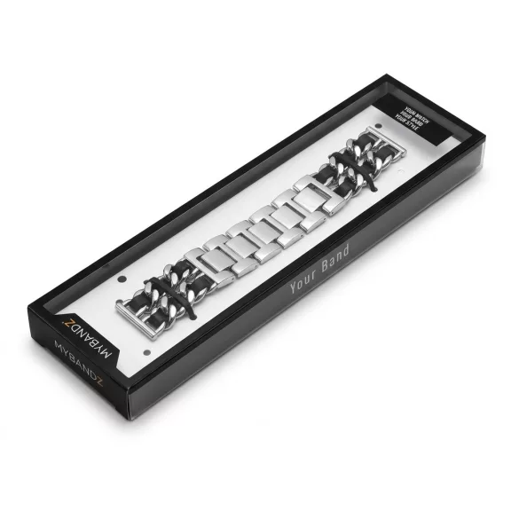 Mybandz  fém és bőr karkötő óraszíj /ezüst-fekete/ 20 mm