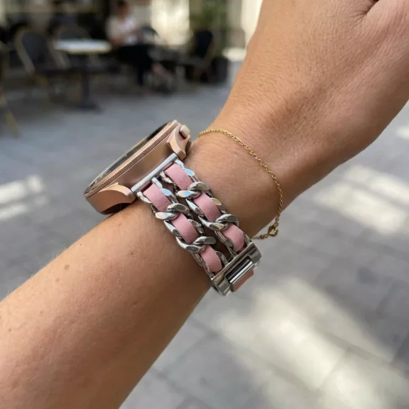 Mybandz  fém és bőr karkötő óraszíj /ezüst-ciklámen/ 20 mm
