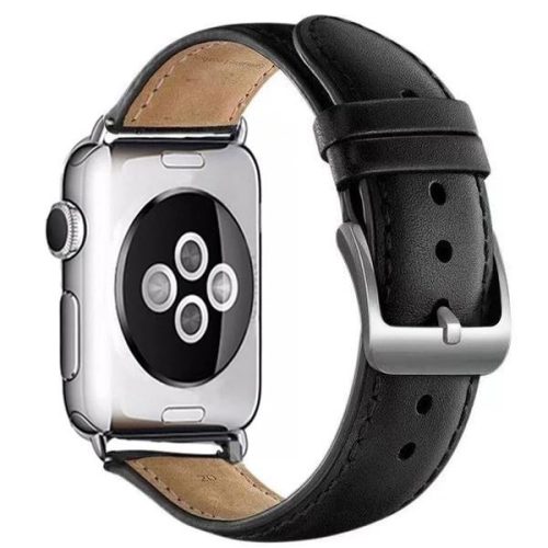 Apple Watch elegáns bőróraszíj / fekete - ezüst csattal / 42/44/45/49 mm
