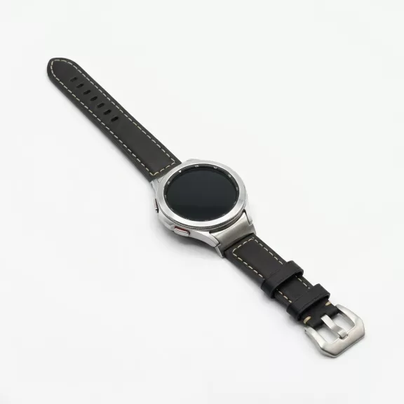 MYBANDZ Elegáns bőróraszíj Galaxy Watch 4-5-6-7/fekete(ezüst csat)/ 20mm