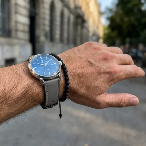 MYBANDZ Elegáns bőróraszíj /szürke - fekete csattal / 22mm